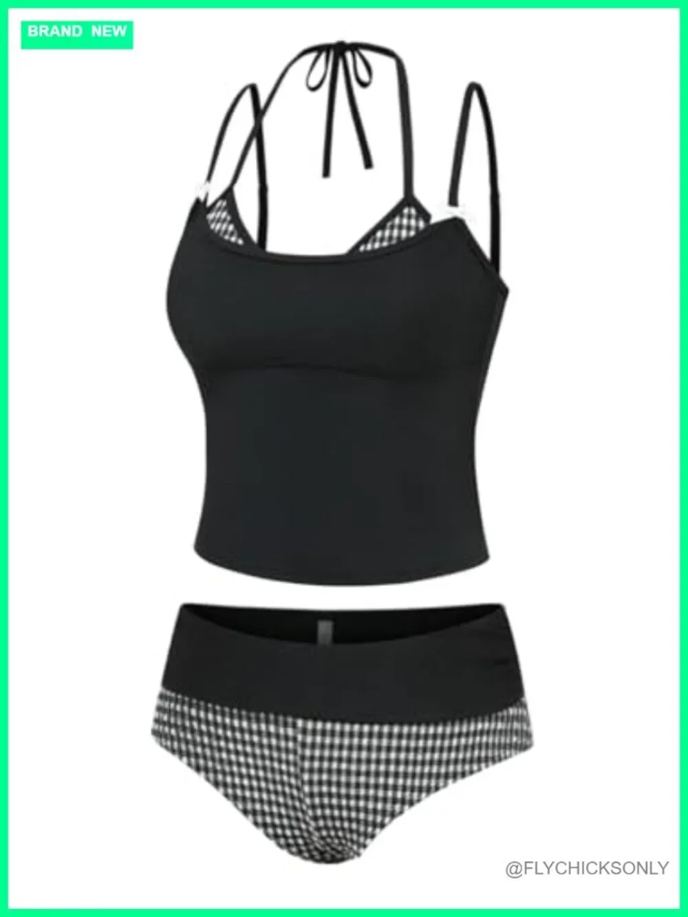 Smocked Lace Patchwork Bow Tie Side String Tankini Set Two Piece Swimsuit
